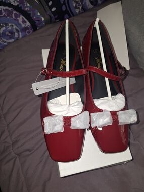 Red Patent Mary Jane Heels with Decorative Bow